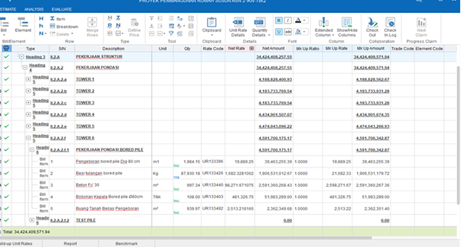 Screenshot of Glodon Cubicost TBQ cost estimation report for ASN Apartment 2, detailing structural and foundation work items, unit rates, quantities, and total cost values.
