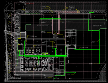 Floor plan layout displaying sanitary piping network highlighted in green, demonstrating how Glodon Cubicost TME enables easy tracking and measurement of sanitary quantities in the Pine Grove Parcel B project.