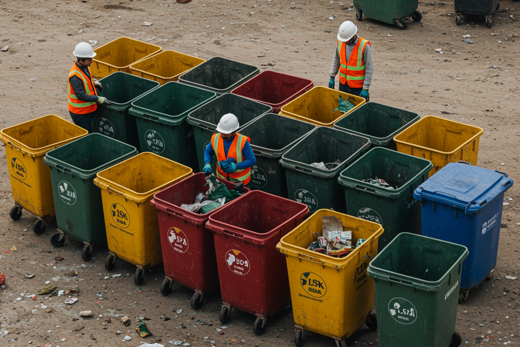 Construction workers segregating waste into recycling bins